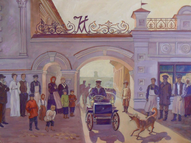Первый выезд Логашкина на автомобиле «FIAT». Рисунок Р. Вафеева