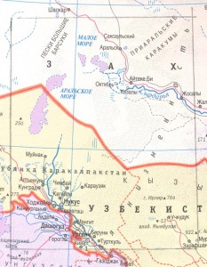 Современная карта Приаралья с низовьями Амударьи, где в массовых масштабах возделывался хлопчатник 